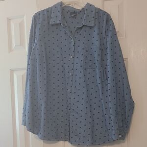 Like New J. Jill Denim Shirt with Navy Embroidered Polka Dots